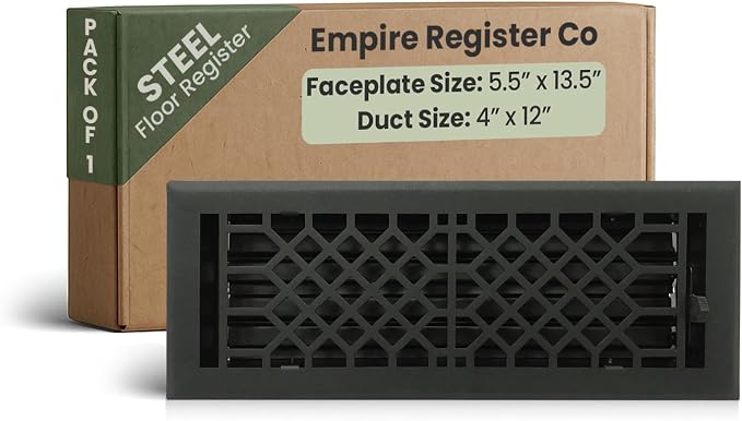 Steel Floor Register - 4x12 inch, Antique Style Design, Textured Black Finish, Heavy Duty Walkable Steel