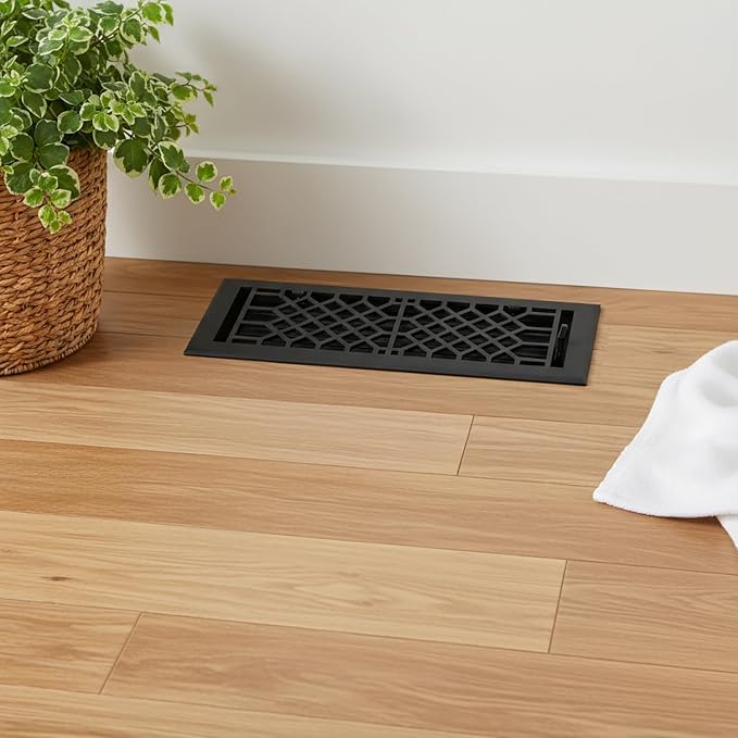 Steel Floor Register - 4x12 inch, Antique Style Design, Textured Black Finish, Heavy Duty Walkable Steel