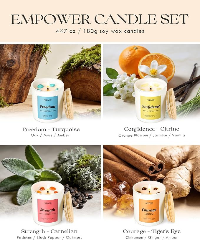 Empower Candles Set for Women - 4 Pack Candles for Home Scented, 28 oz 200 Hour Burn, Aromatherapy Candle with Crystals