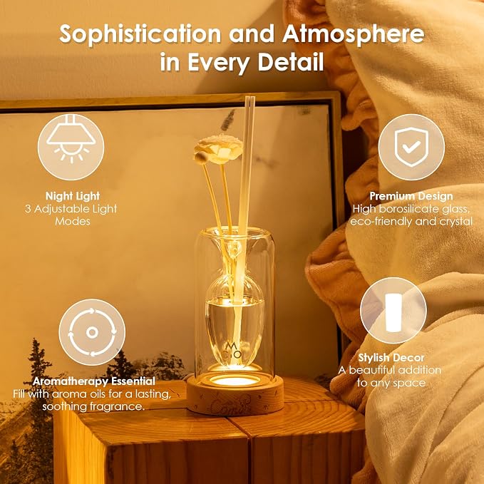 Empty Fragrance Glass Reed Diffuser Bottles with 5pcs Reed Diffuser Sticks,Luminous Base,Decorative Flower Bud Fragrance