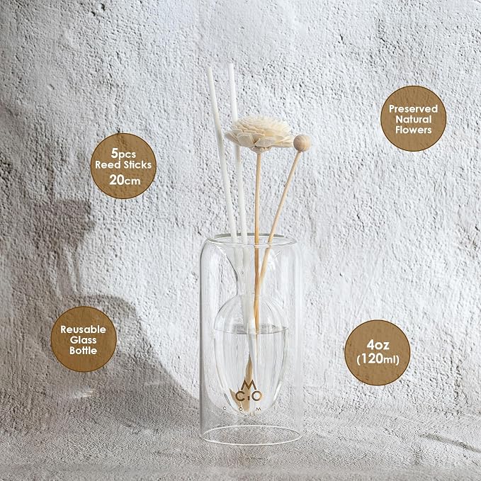 Empty Fragrance Glass Reed Diffuser Bottles with 5pcs Reed Diffuser Sticks,Luminous Base,Decorative Flower Bud Fragrance