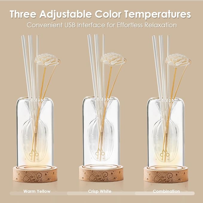 Empty Fragrance Glass Reed Diffuser Bottles with 5pcs Reed Diffuser Sticks,Luminous Base,Decorative Flower Bud Fragrance