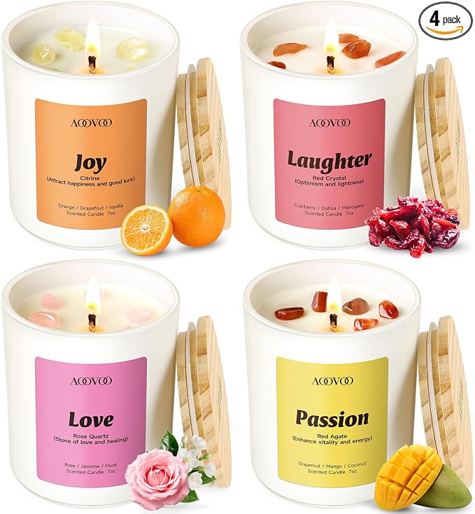 Energy Candles Set for Women - 4 Pack Candles for Home Scented, 28 oz 200 Hour Burn, Aromatherapy Candle with Crystals