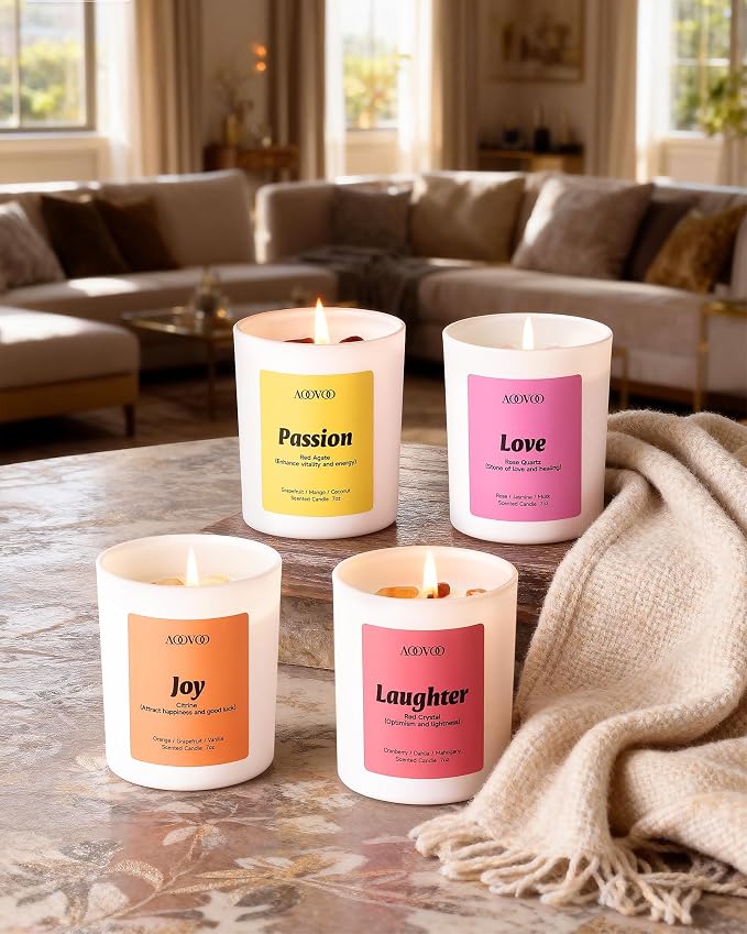 Energy Candles Set for Women - 4 Pack Candles for Home Scented, 28 oz 200 Hour Burn, Aromatherapy Candle with Crystals