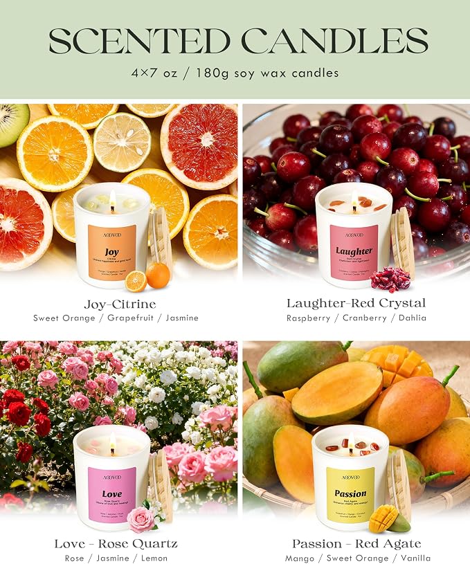Energy Candles Set for Women - 4 Pack Candles for Home Scented, 28 oz 200 Hour Burn, Aromatherapy Candle with Crystals