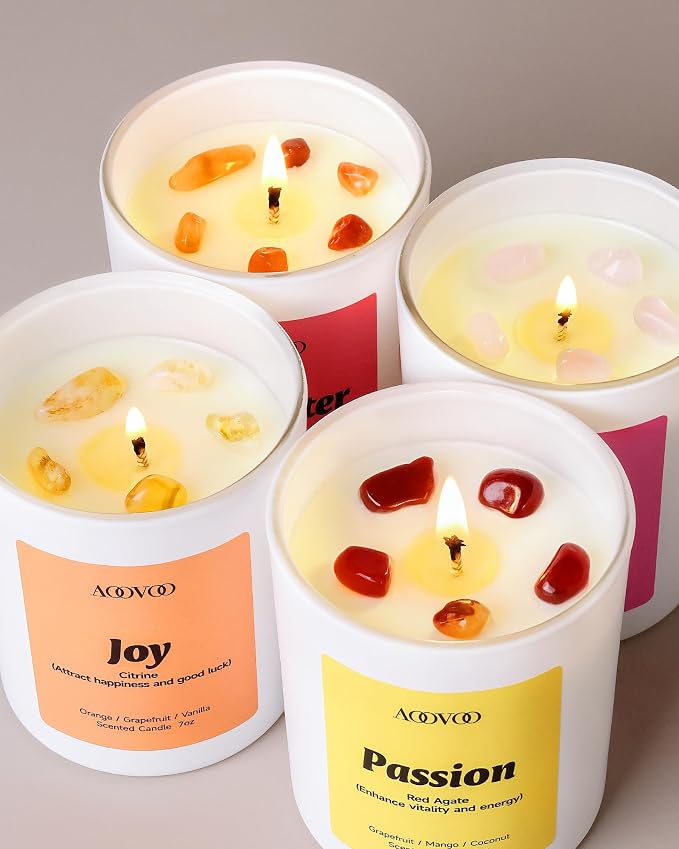 Energy Candles Set for Women - 4 Pack Candles for Home Scented, 28 oz 200 Hour Burn, Aromatherapy Candle with Crystals