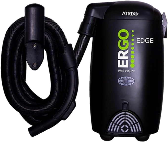 Ergo Edge Canister -Wall Mounted Garage Vacuum Cleaner with Built-in Dust Bag & Extendable Hose-Compact Black Design
