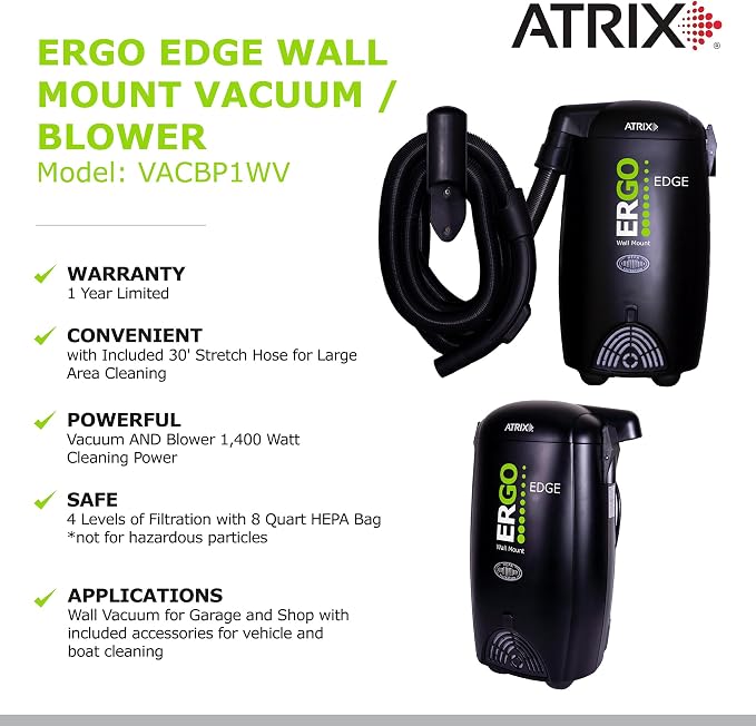 Ergo Edge Canister -Wall Mounted Garage Vacuum Cleaner with Built-in Dust Bag & Extendable Hose-Compact Black Design