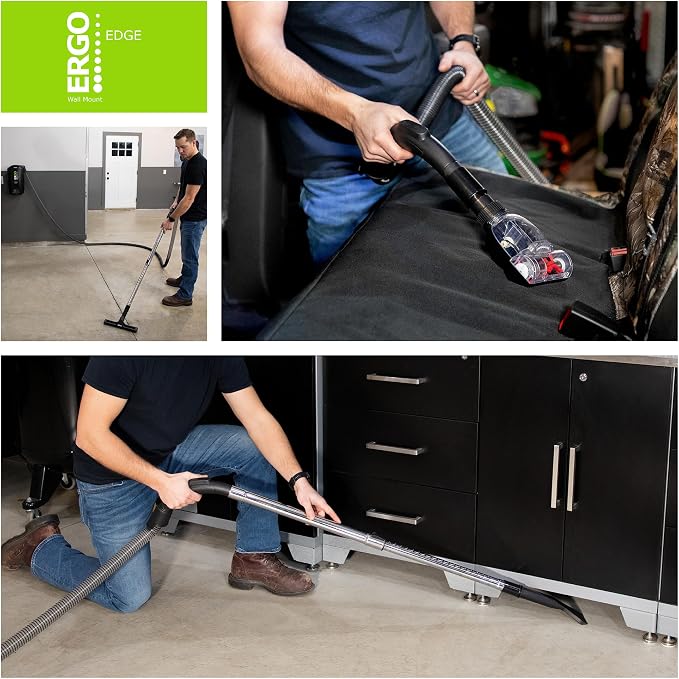 Ergo Edge Canister -Wall Mounted Garage Vacuum Cleaner with Built-in Dust Bag & Extendable Hose-Compact Black Design