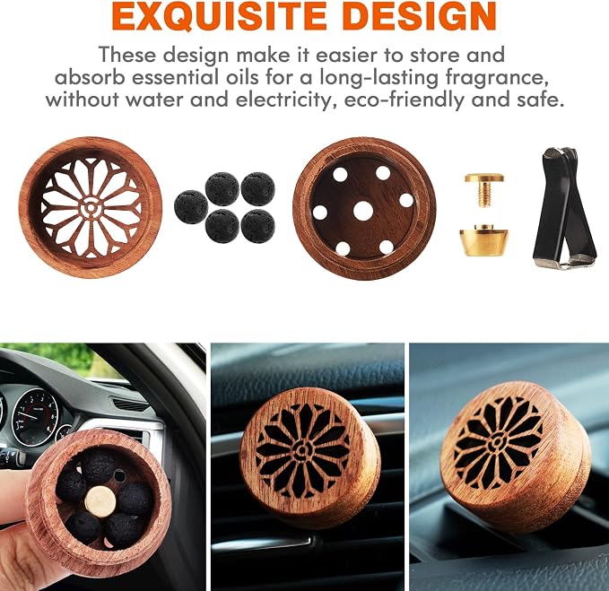 Essential Oil Car Diffuser, 2 PCS Gothic Flower Car Aromatherapy Wood Diffuser with Vent Clip, alternate product view 2