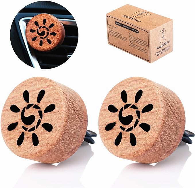 Essential Oil Car Diffuser, 2 PCS Sunshine Car Aromatherapy Sun Wood Diffuser with Vent Clip, product image