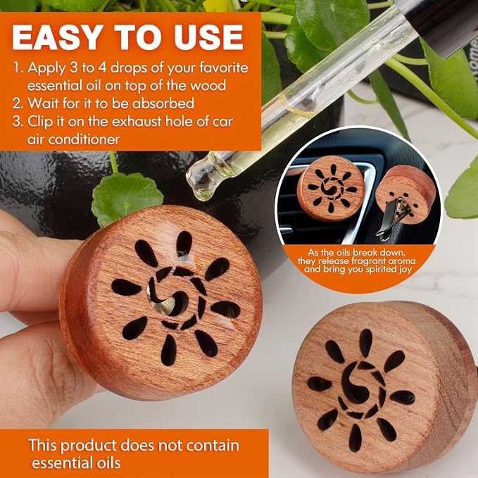 Essential Oil Car Diffuser, 2 PCS Sunshine Car Aromatherapy Sun Wood Diffuser with Vent Clip, alternate product view 4