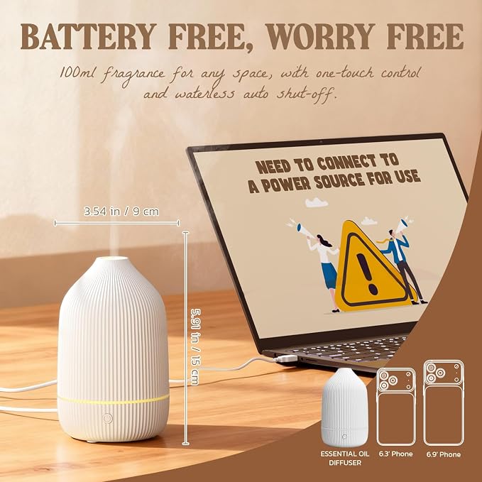 Essential Oil Diffuser, 100ml Aromatherapy Diffuser, Mini Ultrasonic Diffuser for Essential Oil, Home, Office, alternate