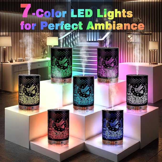 Essential Oil Diffuser 120ML Metal Aromatherapy Diffuser with Timer, Cool Mist Humidifier with Auto Shut-Off & 7 Color Lights