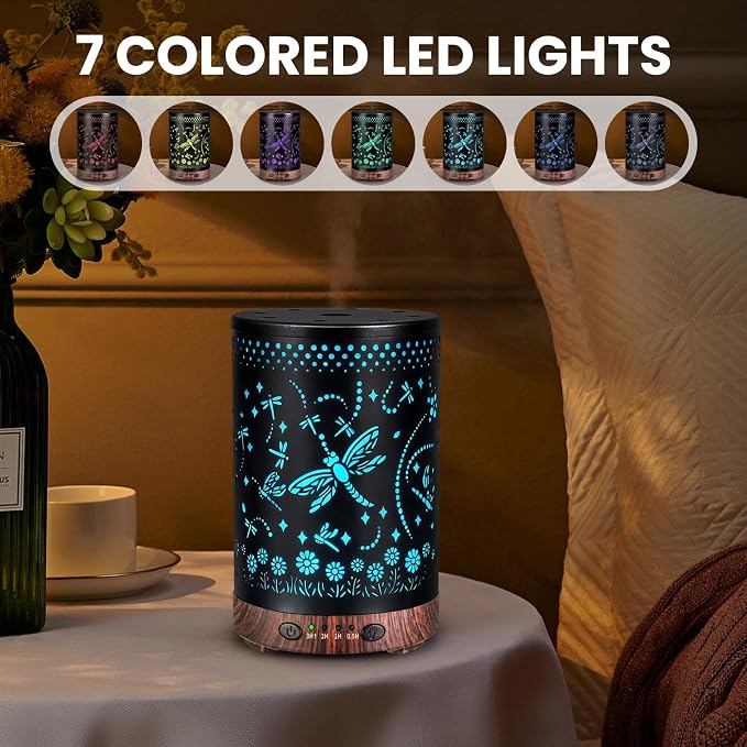 Essential Oil Diffuser 120ML Metal Aromatherapy Diffuser with Timer, Cool Mist Humidifier with Auto Shut-Off & 7 Color Lights