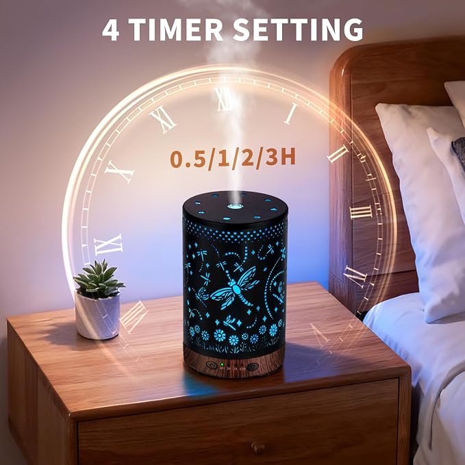 Essential Oil Diffuser 120ML Metal Aromatherapy Diffuser with Timer, Cool Mist Humidifier with Auto Shut-Off & 7 Color Lights