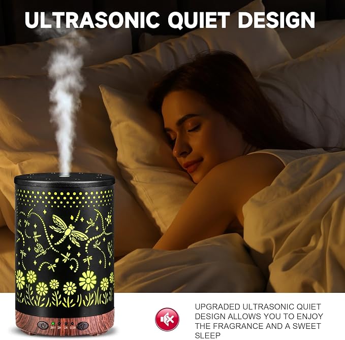 Essential Oil Diffuser 120ML Metal Aromatherapy Diffuser with Timer, Cool Mist Humidifier with Auto Shut-Off & 7 Color Lights