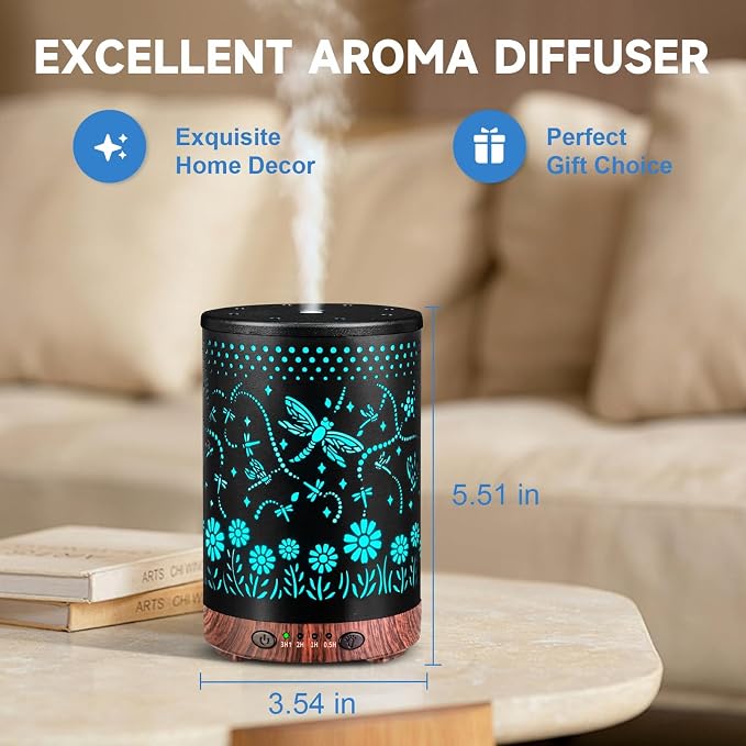 Essential Oil Diffuser 120ML Metal Aromatherapy Diffuser with Timer, Cool Mist Humidifier with Auto Shut-Off & 7 Color Lights