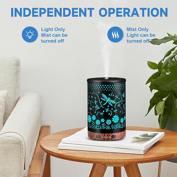 Essential Oil Diffuser 120ML Metal Aromatherapy Diffuser with Timer, Cool Mist Humidifier with Auto Shut-Off & 7 Color Lights