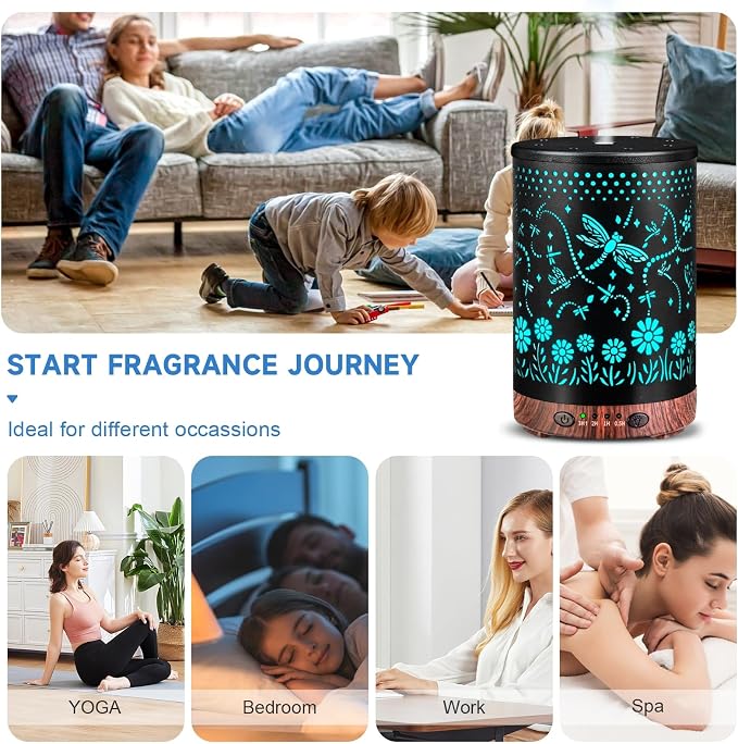 Essential Oil Diffuser 120ML Metal Aromatherapy Diffuser with Timer, Cool Mist Humidifier with Auto Shut-Off & 7 Color Lights