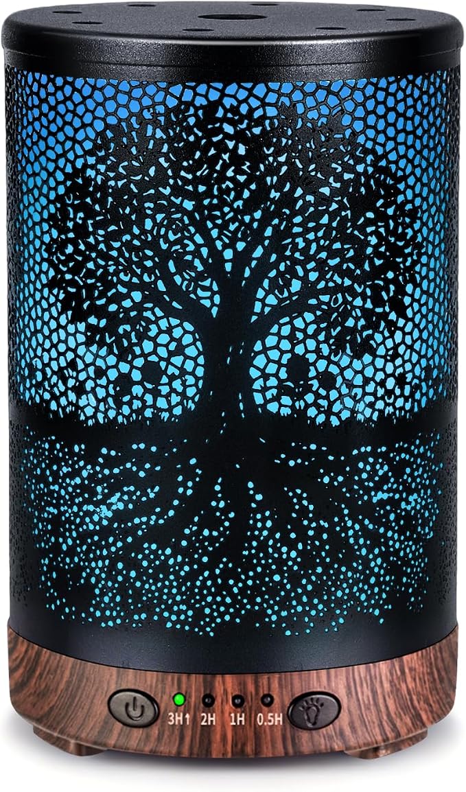 Essential Oil Diffuser 120ML Metal Aromatherapy Diffuser with Timer, Cool Mist Humidifier with Auto Shut-Off & 7 Color Lights