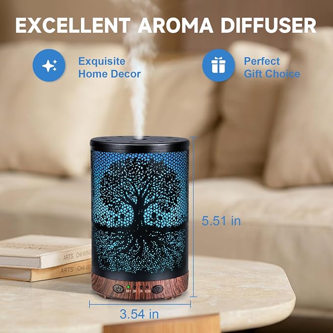 Essential Oil Diffuser 120ML Metal Aromatherapy Diffuser with Timer, Cool Mist Humidifier with Auto Shut-Off & 7 Color Lights