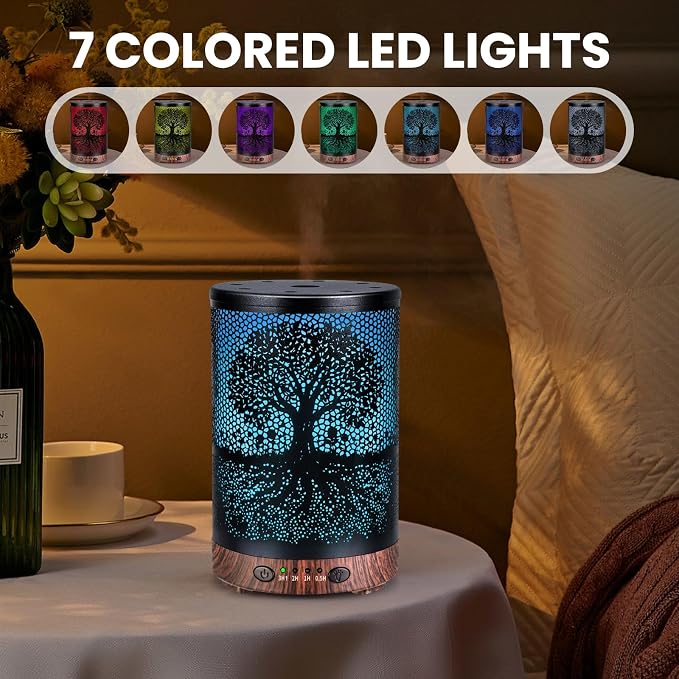 Essential Oil Diffuser 120ML Metal Aromatherapy Diffuser with Timer, Cool Mist Humidifier with Auto Shut-Off & 7 Color Lights