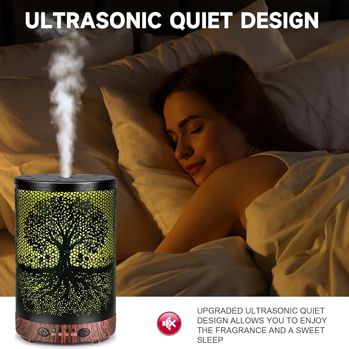 Essential Oil Diffuser 120ML Metal Aromatherapy Diffuser with Timer, Cool Mist Humidifier with Auto Shut-Off & 7 Color Lights
