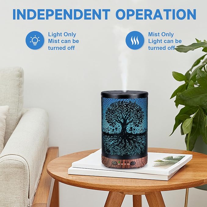 Essential Oil Diffuser 120ML Metal Aromatherapy Diffuser with Timer, Cool Mist Humidifier with Auto Shut-Off & 7 Color Lights