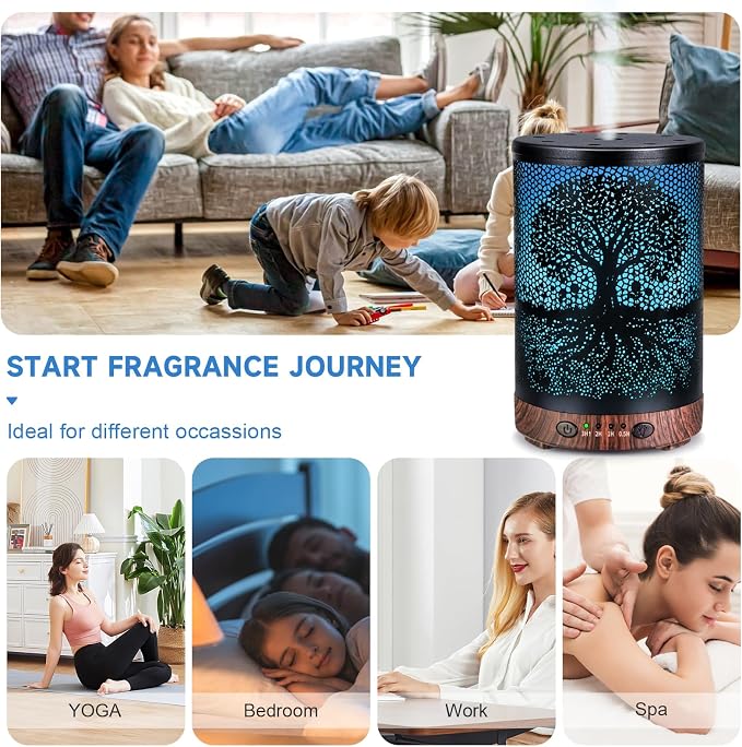 Essential Oil Diffuser 120ML Metal Aromatherapy Diffuser with Timer, Cool Mist Humidifier with Auto Shut-Off & 7 Color Lights