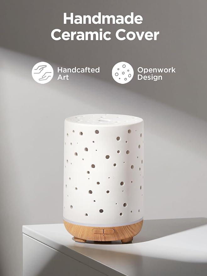 Essential Oil Diffuser, 150ml Ceramic Ultrasonic Air Humidifier Cool Mist Aromatherapy Diffuser with 2 Mist Modes, alternate