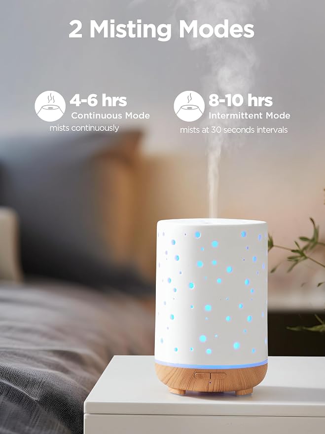 Essential Oil Diffuser, 150ml Ceramic Ultrasonic Air Humidifier Cool Mist Aromatherapy Diffuser with 2 Mist Modes, alternate