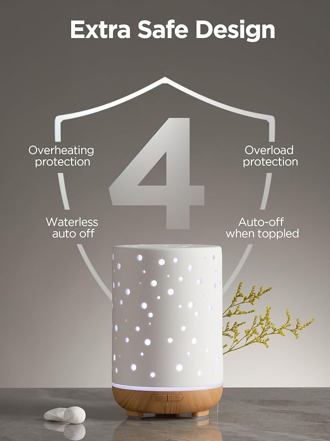 Essential Oil Diffuser, 150ml Ceramic Ultrasonic Air Humidifier Cool Mist Aromatherapy Diffuser with 2 Mist Modes, alternate