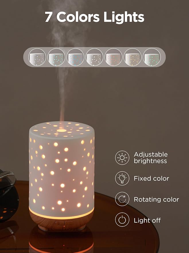 Essential Oil Diffuser, 150ml Ceramic Ultrasonic Air Humidifier Cool Mist Aromatherapy Diffuser with 2 Mist Modes, alternate