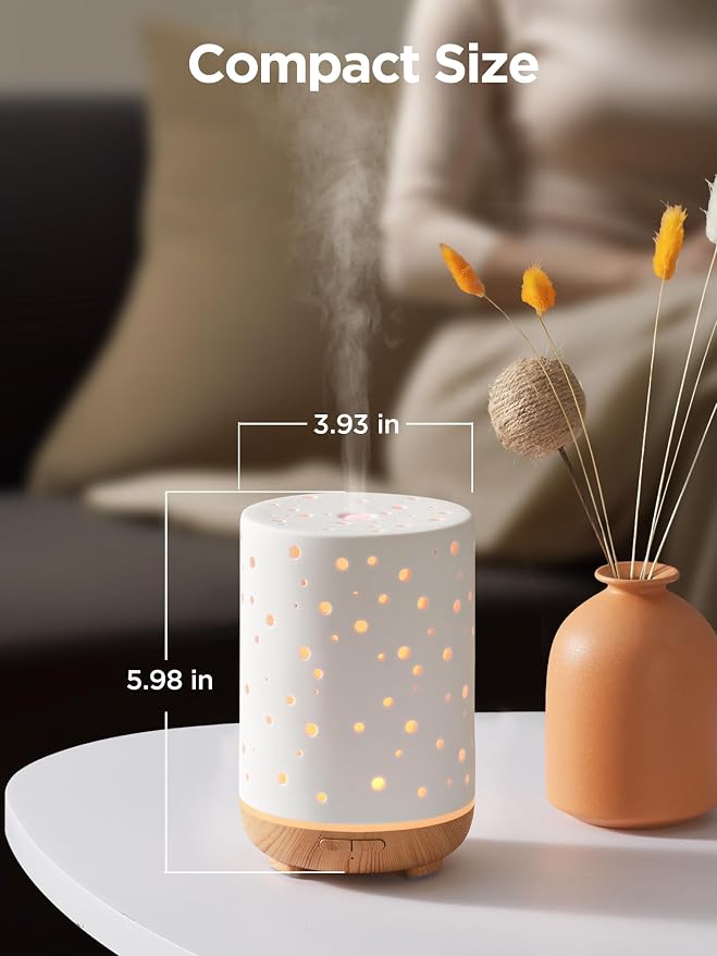 Essential Oil Diffuser, 150ml Ceramic Ultrasonic Air Humidifier Cool Mist Aromatherapy Diffuser with 2 Mist Modes, alternate