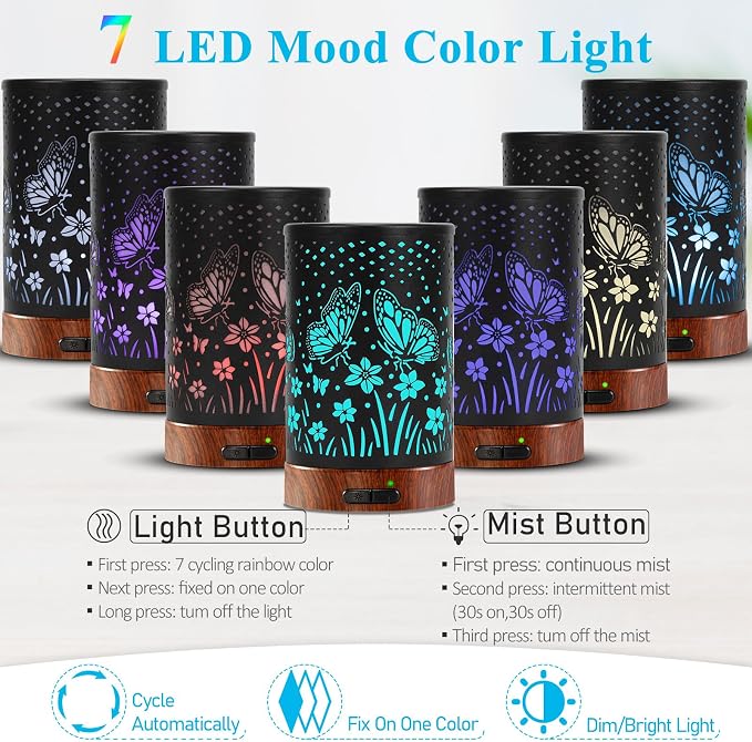 Essential Oil Diffuser - 150ML Metal Aromatherapy Diffuser for Essential Oils with 7 Colors Lights Gifts for Mom Auto