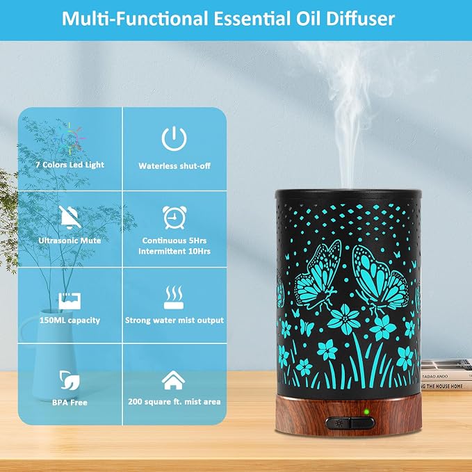 Essential Oil Diffuser - 150ML Metal Aromatherapy Diffuser for Essential Oils with 7 Colors Lights Gifts for Mom Auto