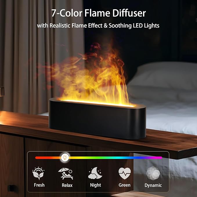 Essential Oil Diffuser, 180ml Flame Aroma Diffuser Humidifier, Ultrasonic Fireplace Aromatherapy Diffuser with 7-Color LED