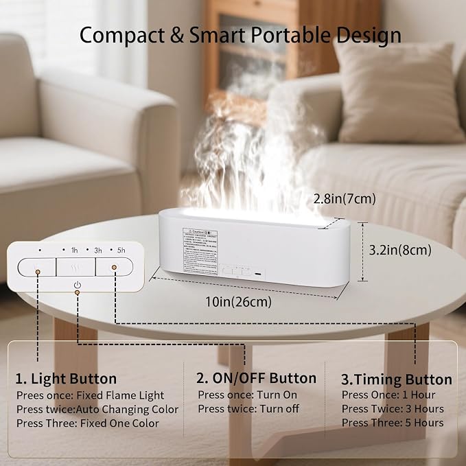 Essential Oil Diffuser, 180ml Flame Aroma Diffuser Humidifier, Ultrasonic Fireplace Aromatherapy Diffuser with 7-Color LED