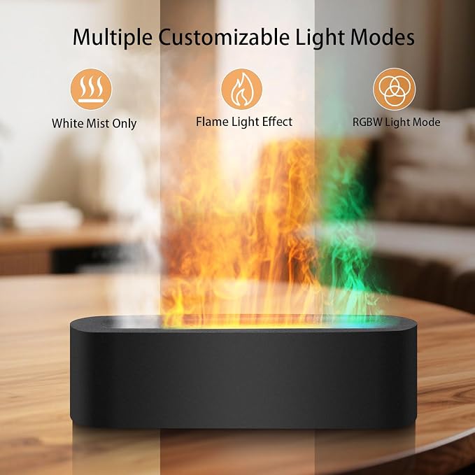 Essential Oil Diffuser, 180ml Flame Aroma Diffuser Humidifier, Ultrasonic Fireplace Aromatherapy Diffuser with 7-Color LED