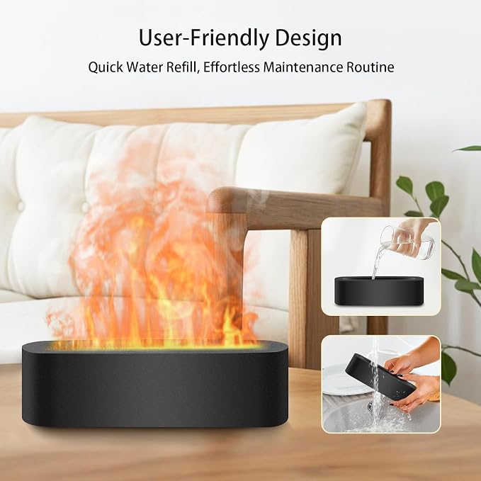 Essential Oil Diffuser, 180ml Flame Aroma Diffuser Humidifier, Ultrasonic Fireplace Aromatherapy Diffuser with 7-Color LED