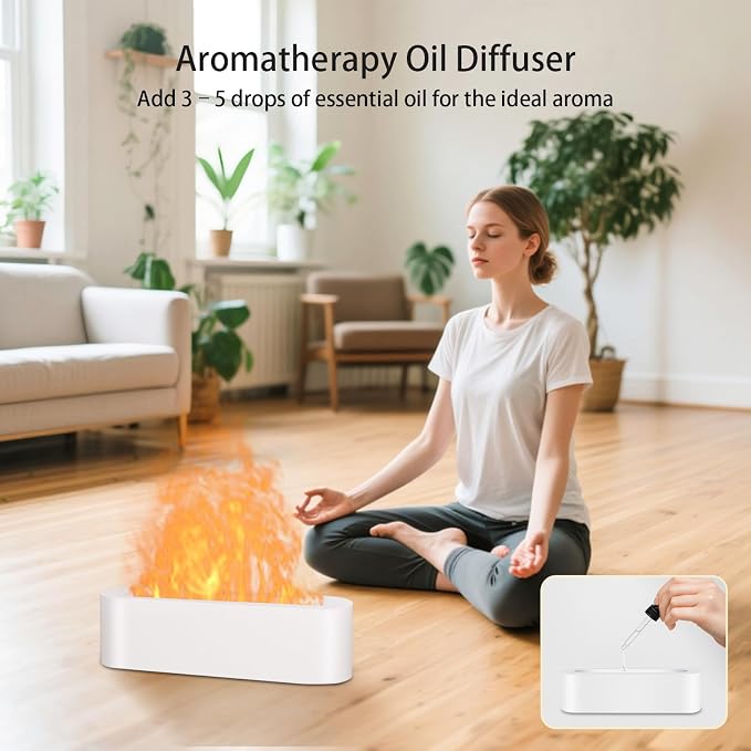 Essential Oil Diffuser, 180ml Flame Aroma Diffuser Humidifier, Ultrasonic Fireplace Aromatherapy Diffuser with 7-Color LED