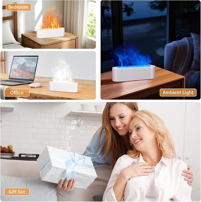 Essential Oil Diffuser, 180ml Flame Aroma Diffuser Humidifier, Ultrasonic Fireplace Aromatherapy Diffuser with 7-Color LED