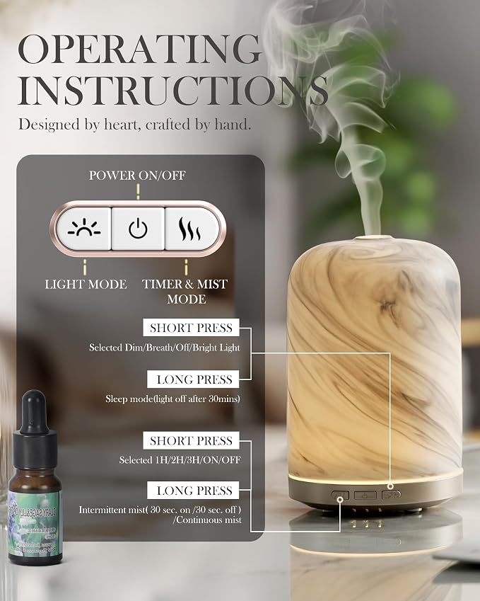 Essential Oil Diffuser – 2.4MHz Ultrasonic Aromatherapy Diffuser, everyday comfort Night Light, Timer & Auto Shut-Off