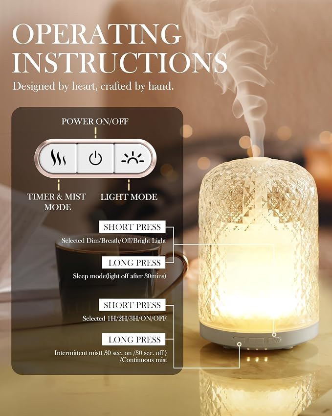 Essential Oil Diffuser – 2.4MHz Ultrasonic Aromatherapy Diffuser, everyday comfort Night Light, Timer & Auto Shut-Off