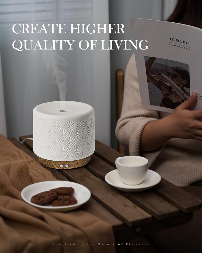 Essential Oil Diffuser, 280ml Ceramic Aromatherapy Diffuser for Large Room, 2.4MHz Ultrasonic Cool Mist Diffuser Oil Machine
