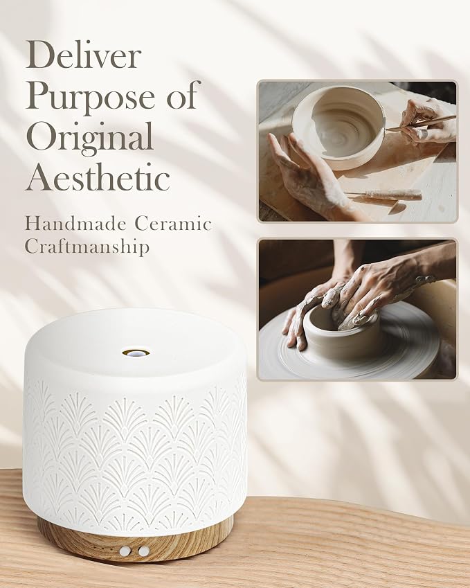 Essential Oil Diffuser, 280ml Ceramic Aromatherapy Diffuser for Large Room, 2.4MHz Ultrasonic Cool Mist Diffuser Oil Machine
