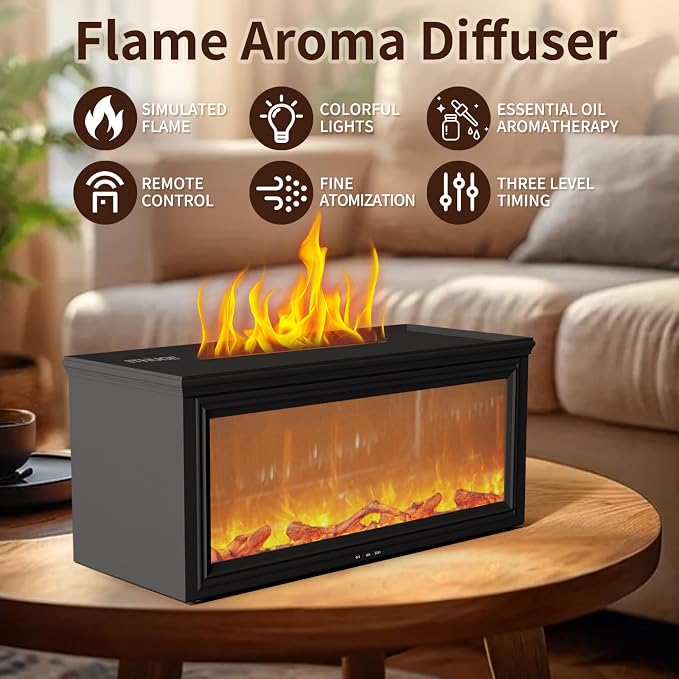 Essential Oil Diffuser, 280ML Ultrasonic Aromatherapy Diffuser with Realistic Flame Effect, Remote Control, 7 Colors LED