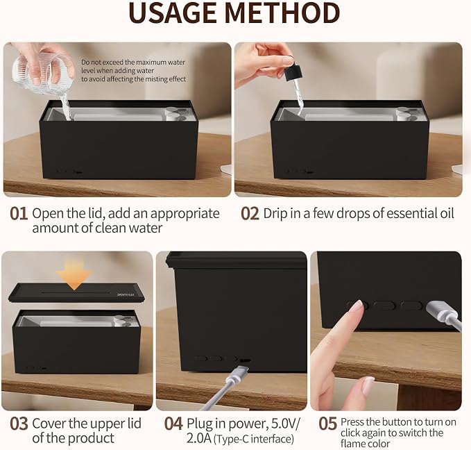 Essential Oil Diffuser, 280ML Ultrasonic Aromatherapy Diffuser with Realistic Flame Effect, Remote Control, 7 Colors LED