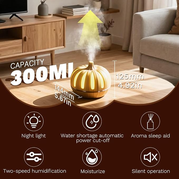 Essential Oil Diffuser 300ml for Home Bedroom, Aromatherapy Oil Diffuser with 3H 6H Timer, 7 Color Light, USB Type-C, Pumpkin